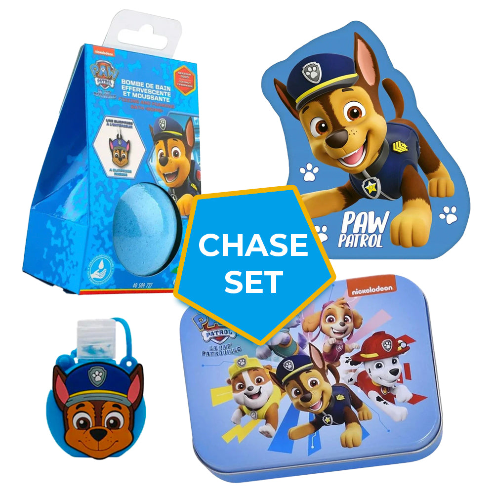 Paw Patrol Chase Set (Plüschkissen, Pflaster, Desinfektionsgel und Badekugel)