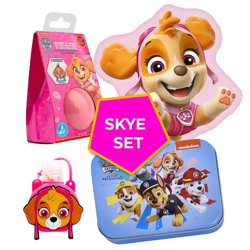 Paw Patrol Skye Set (Plüschkissen, Pflaster, Desinfektionsgel und Badekugel)