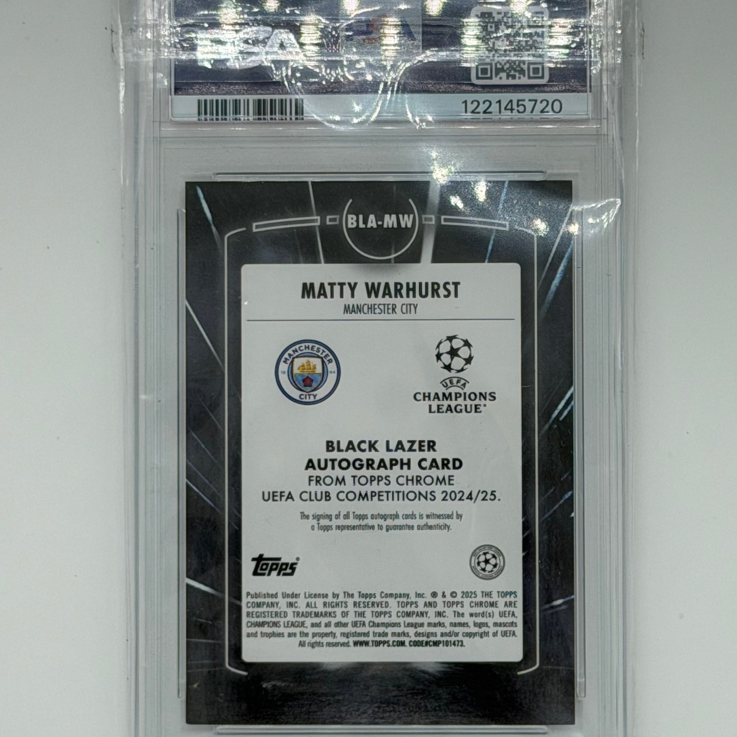 Matty Warhurst Man City UEFA Soccer Topps 2024 Chrome Black Lazer Auto /5 PSA 9