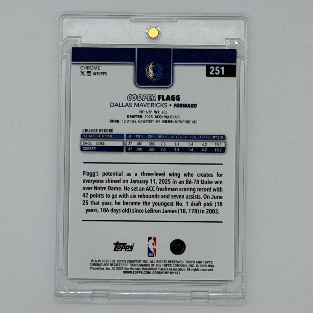 Cooper Flagg Dallas Mavericks NBA Basketball Topps 2025 Chrome Refractor #251