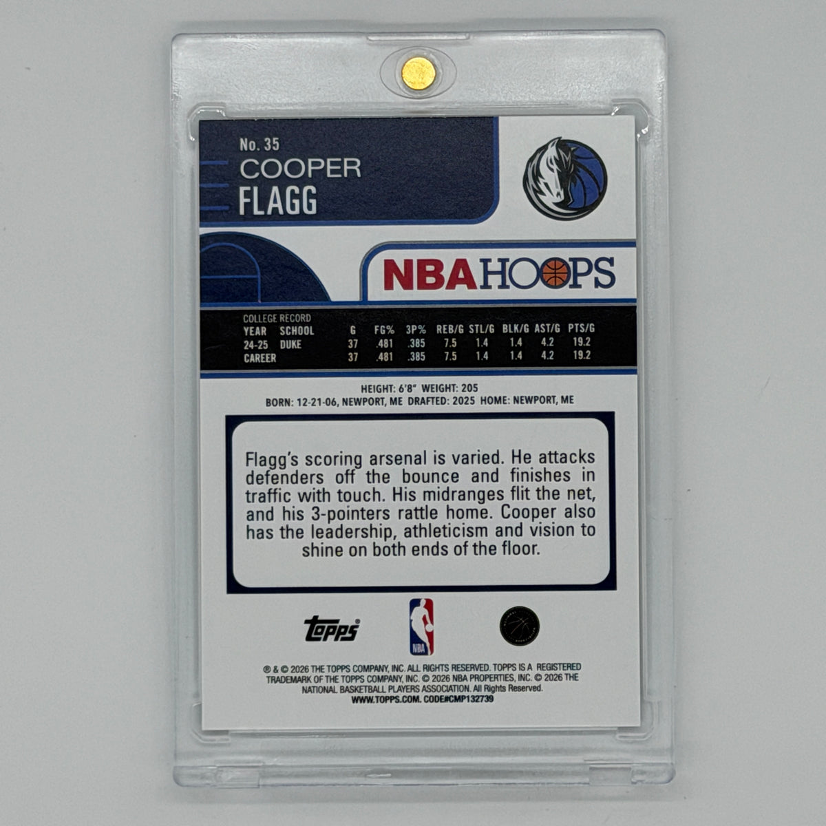 Cooper Flagg Dallas Mavericks NBA Basketball Topps 2025 Hoops #35