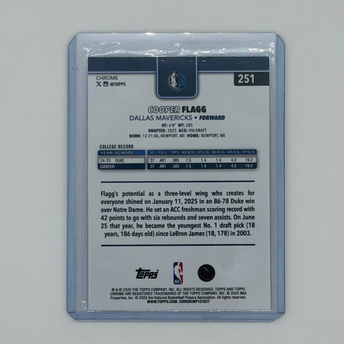 Cooper Flagg Dallas Mavericks NBA Basketball Topps 2025 Chrome