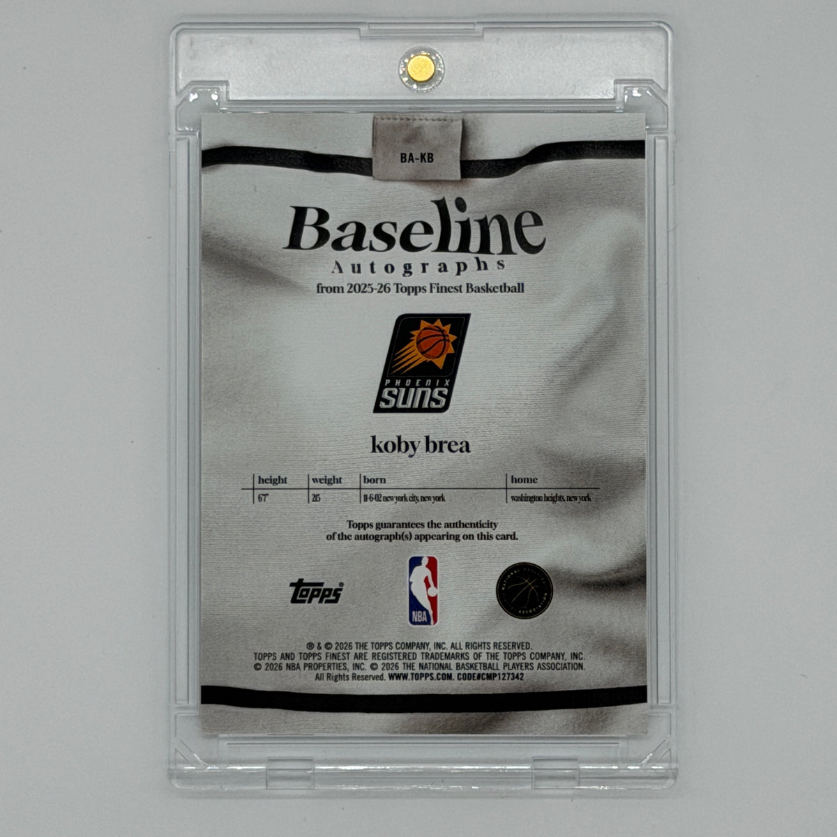 Koby Brea Phoenix Suns NBA Basketball Topps 2025 Finest Baseline Auto