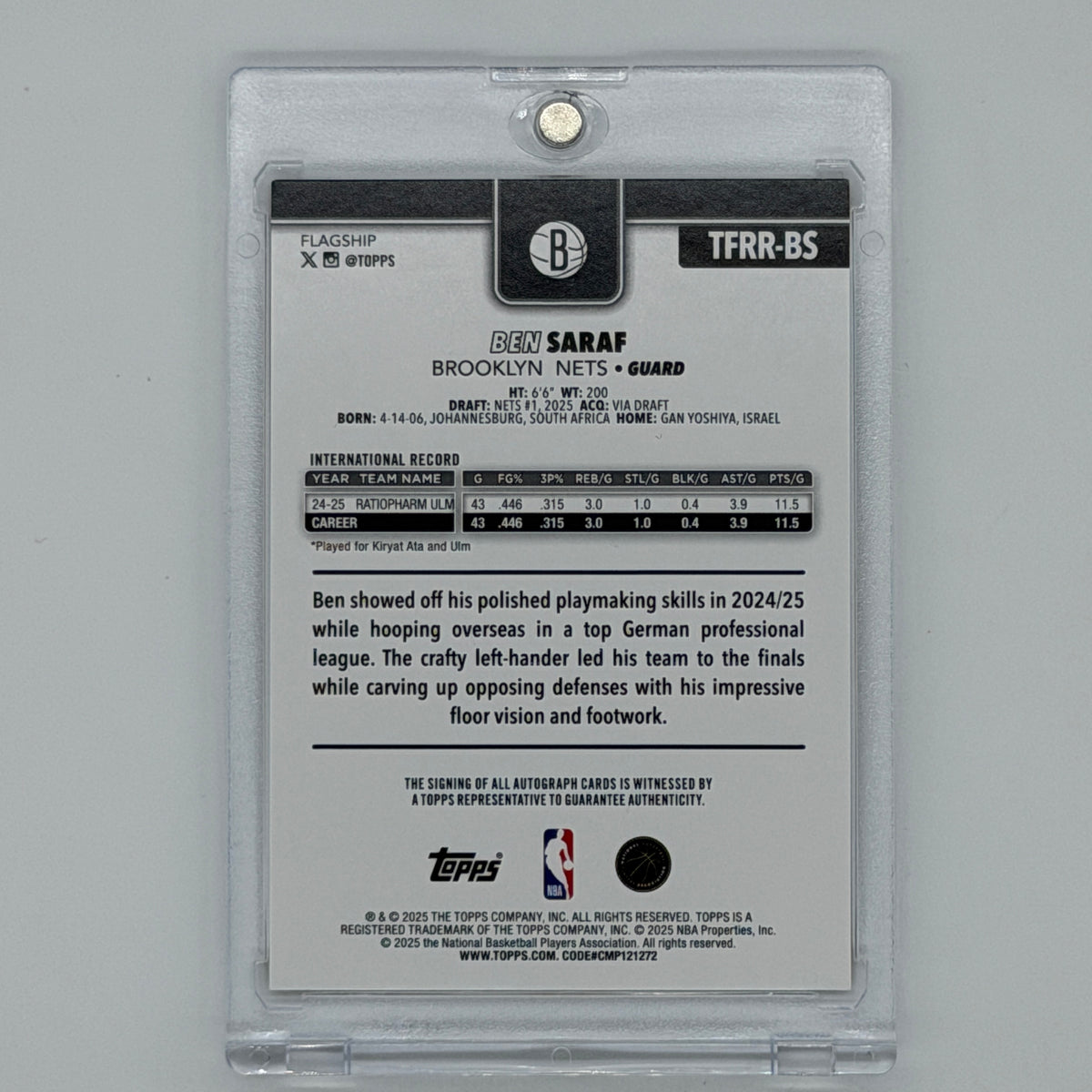 Ben Saraf Brooklyn Nets NBA Basketball Topps 2025 Flagship Auto /50