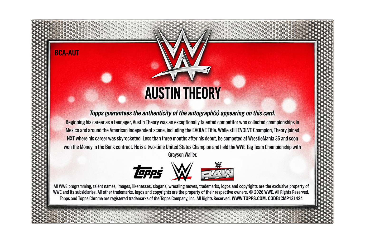Austin Theory WWE Chrome Topps 2026 Auto /150