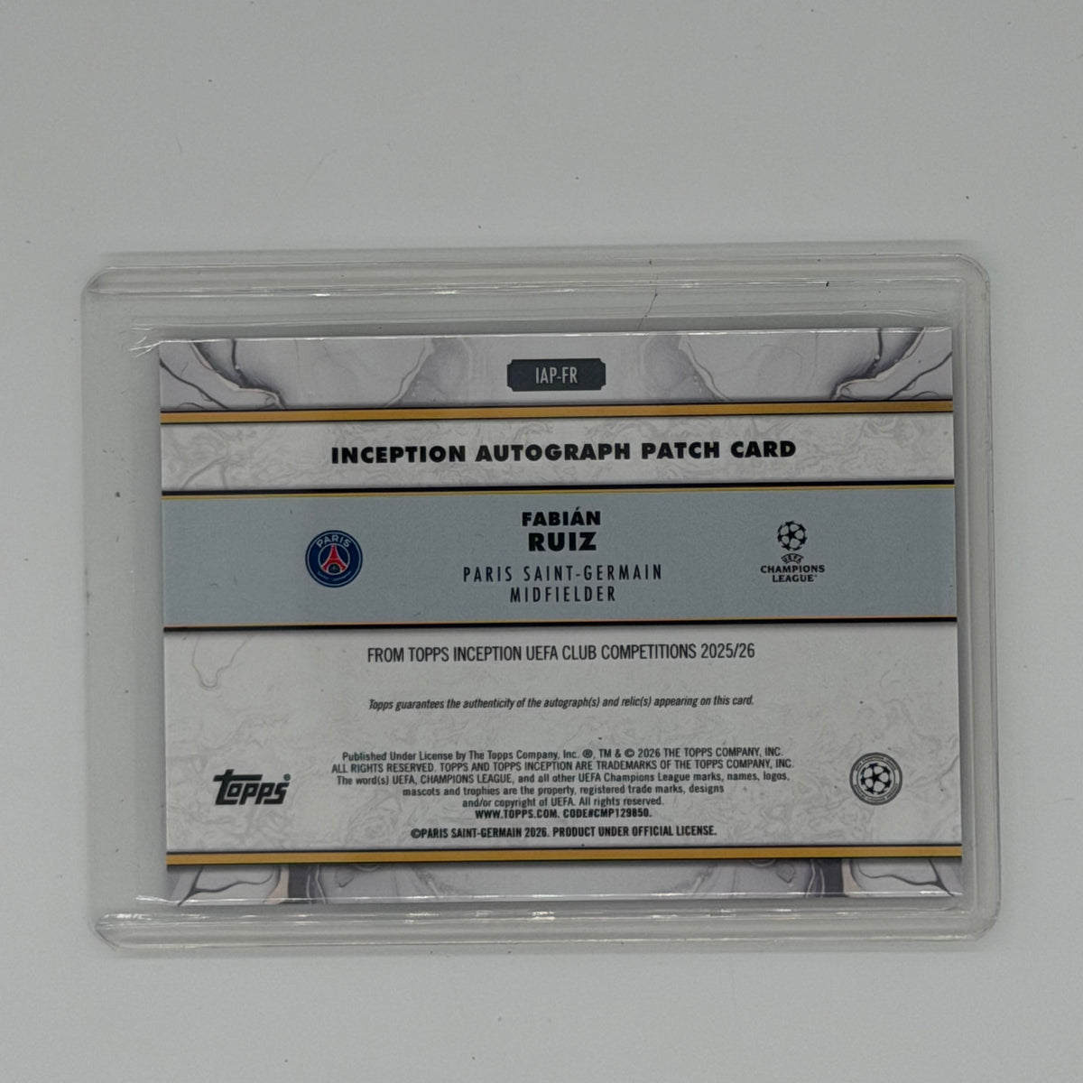 Fabian Ruiz Paris Saint Germain Topps Auto Relic Inception /75