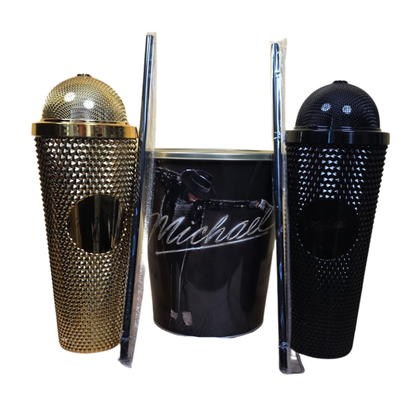 Michael Jackson Popcorn Eimer + Goldenen & Schwarzes Becher Mikrofon Bundle