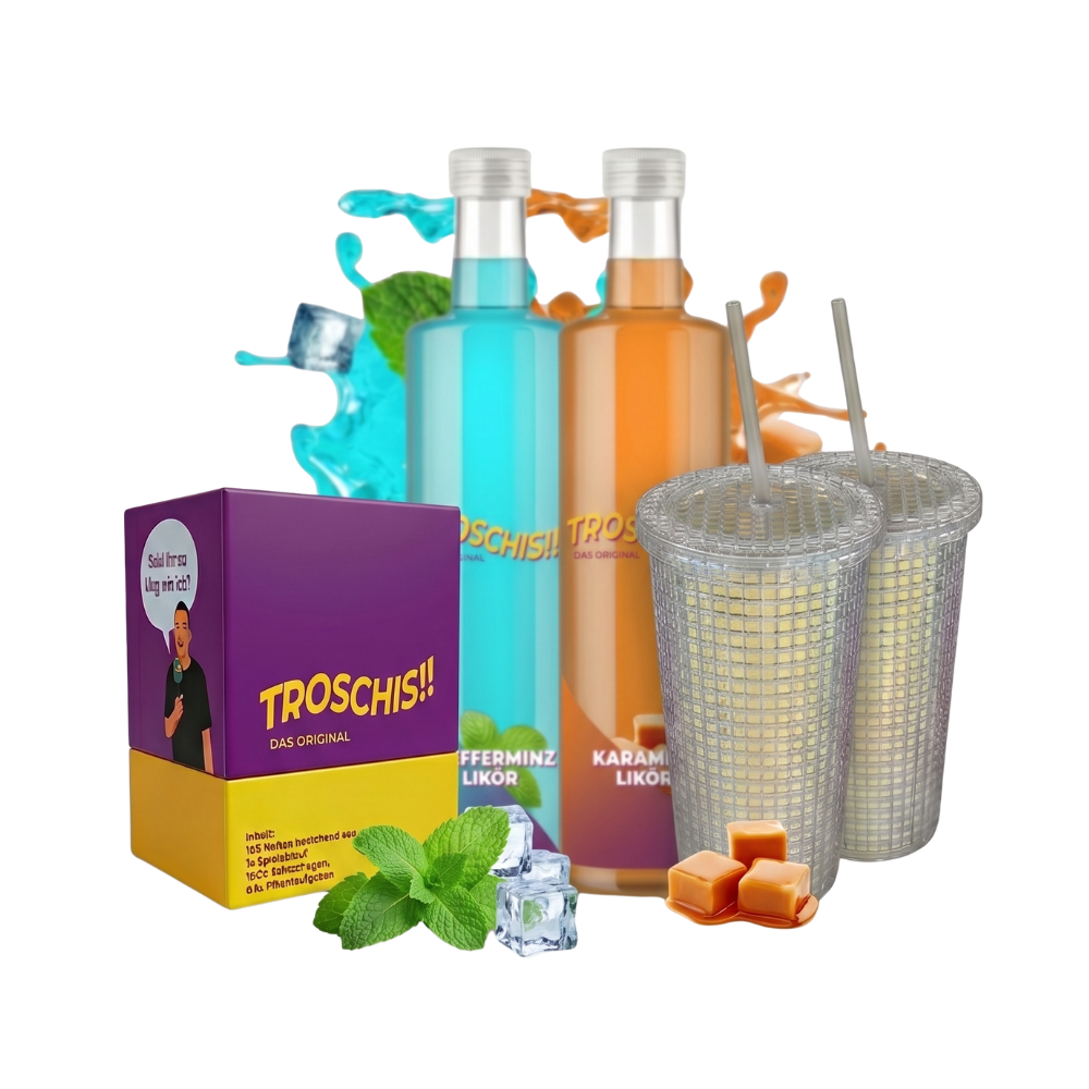 Troschis Karamell & Pfefferminz Likör + 2x Trinkbecher & Trinkspiel Angebot