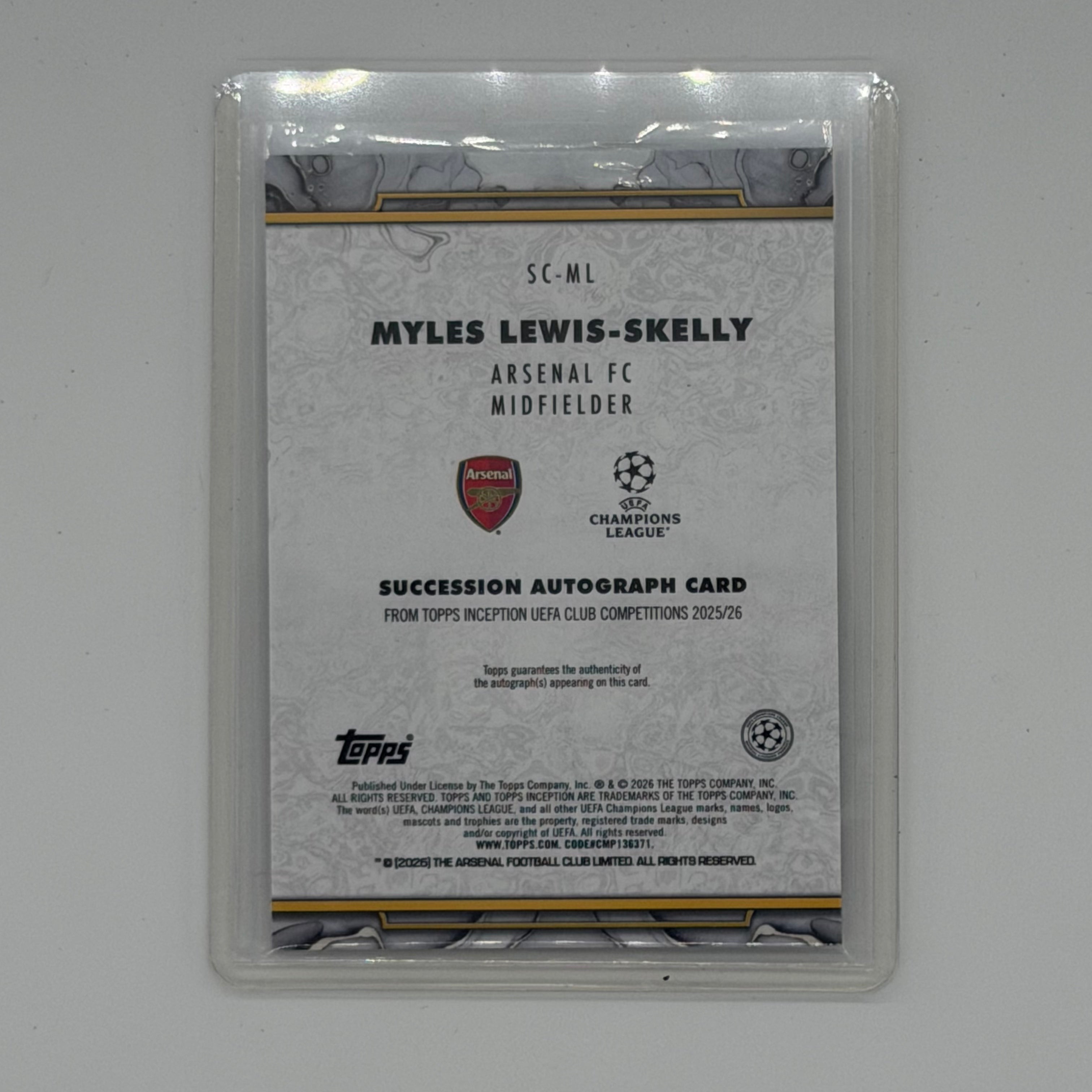 Myles Lewis-Skelly Arsenal FC UEFA Soccer Topps 2026 Inception Succession Auto