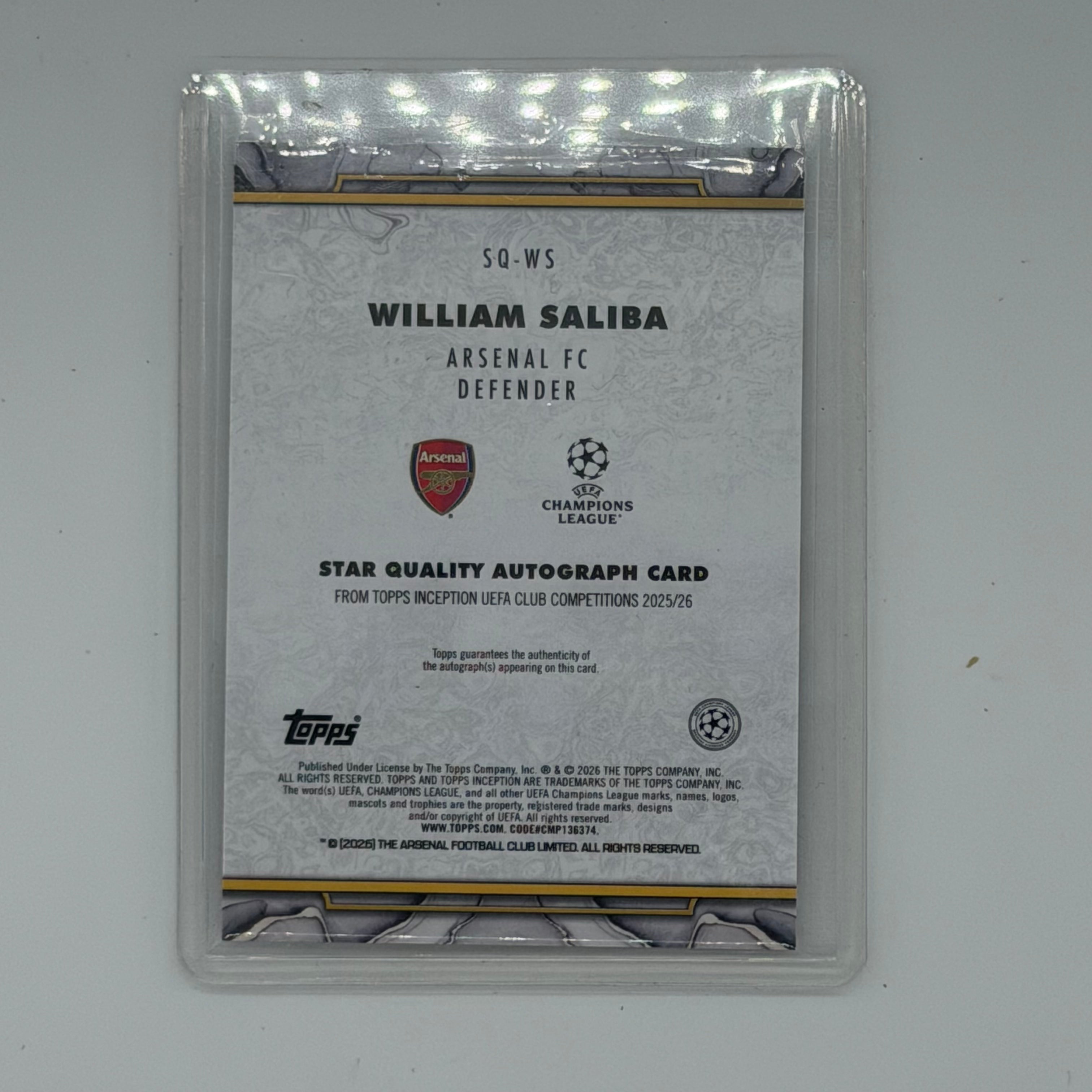 William Saliba Arsenal FC UEFA Soccer Topps 2026 Inception Star Quality Auto /75