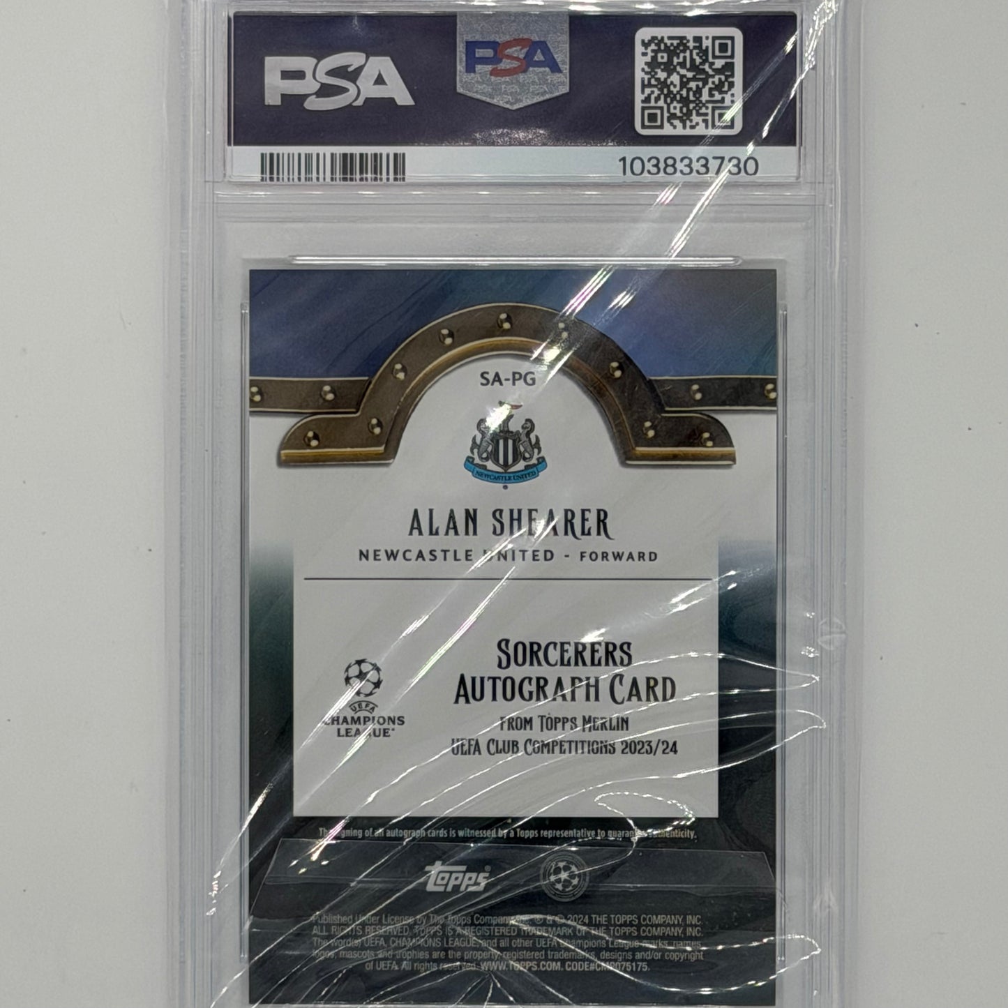 Alan Shearer Newcastle Utd UEFA Soccer Topps 2023-24 Merlin UCC Auto /10 PSA 10