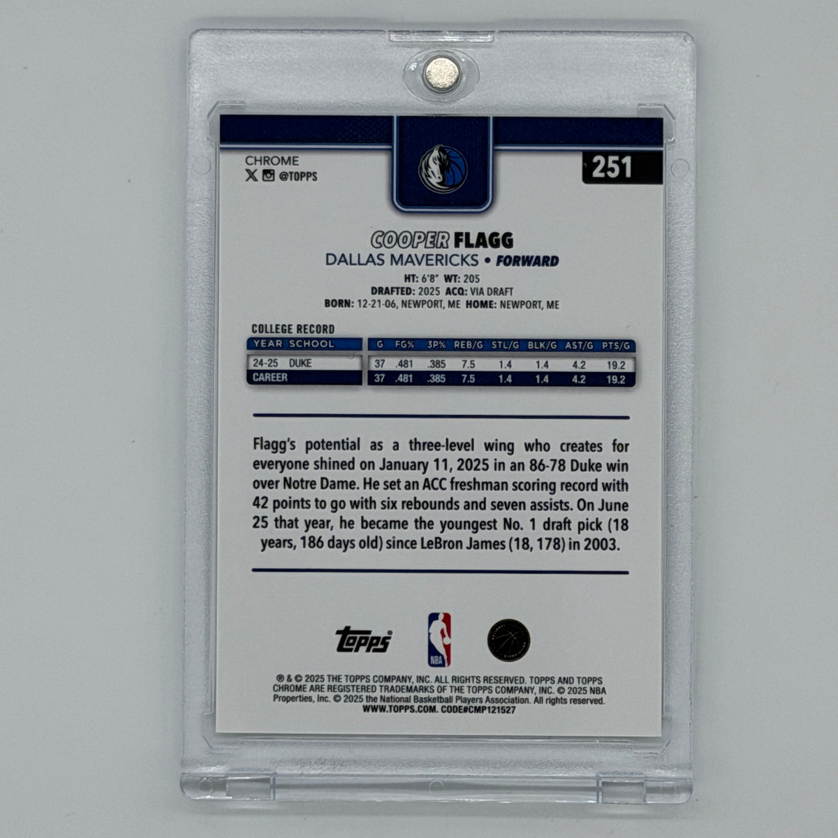 Cooper Flagg Dallas Mavericks NBA Basketball Topps 2025 Chrome X Fractor