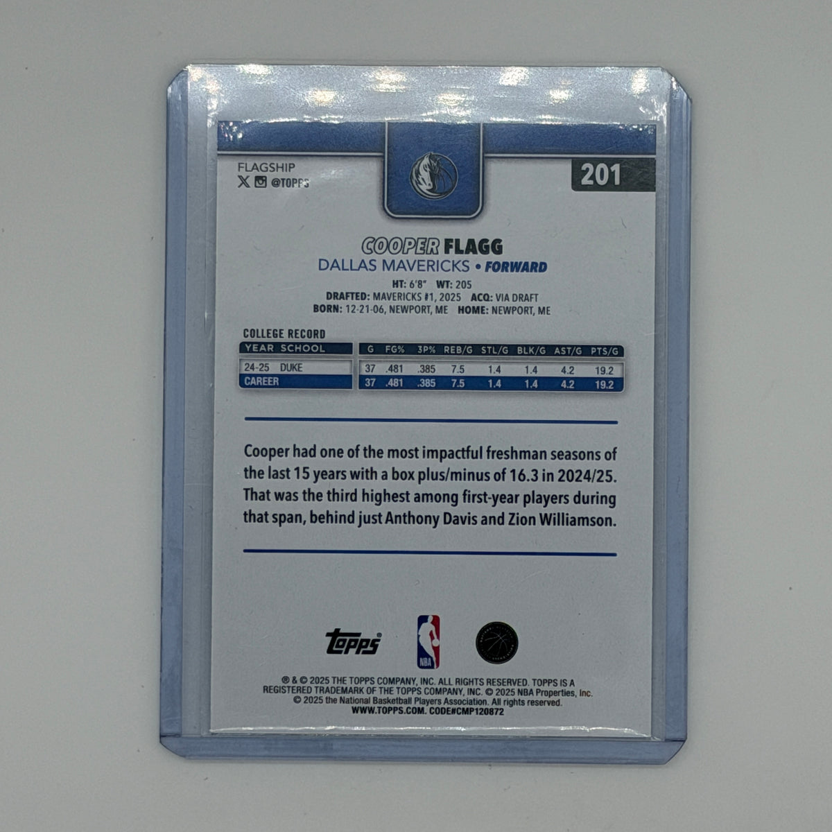 Cooper Flagg Dallas Mavericks NBA Basketball Topps 2025 Flagship