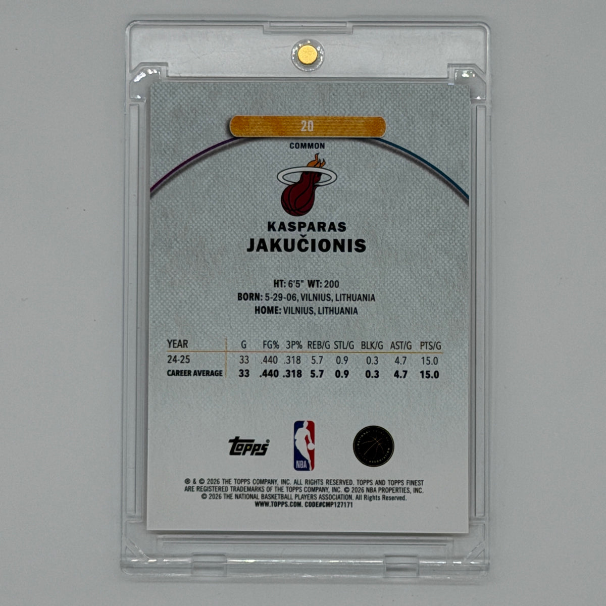 Kasparas Jakuonis Miami Heat NBA Basketball Topps 2026 Finest /50