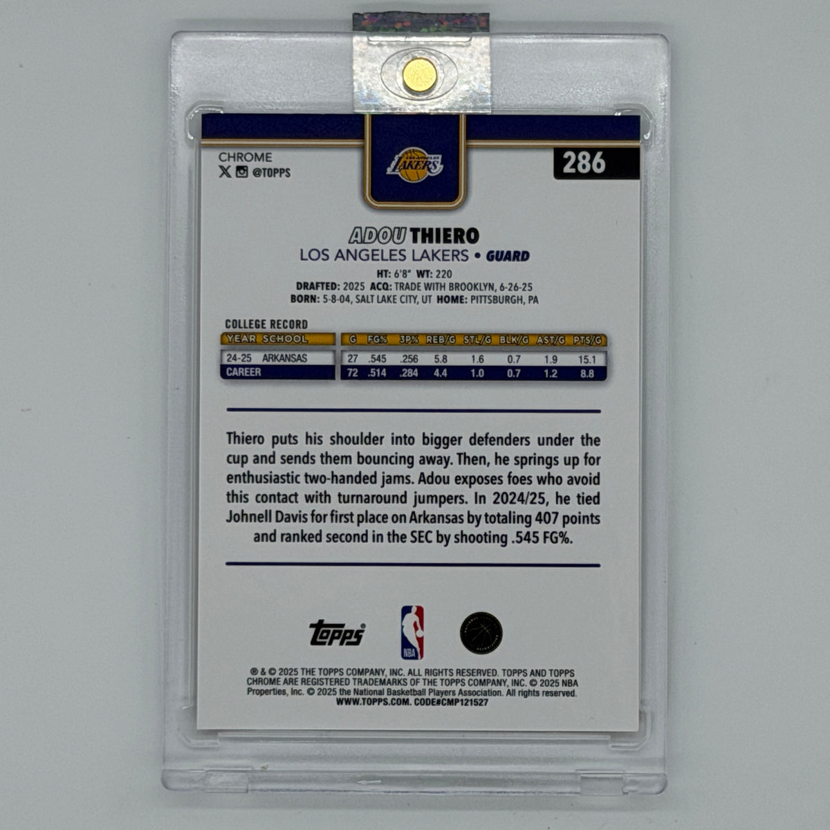 Adou Thiero Los Angeles Lakers NBA Basketball Topps 2025 Chrome /25
