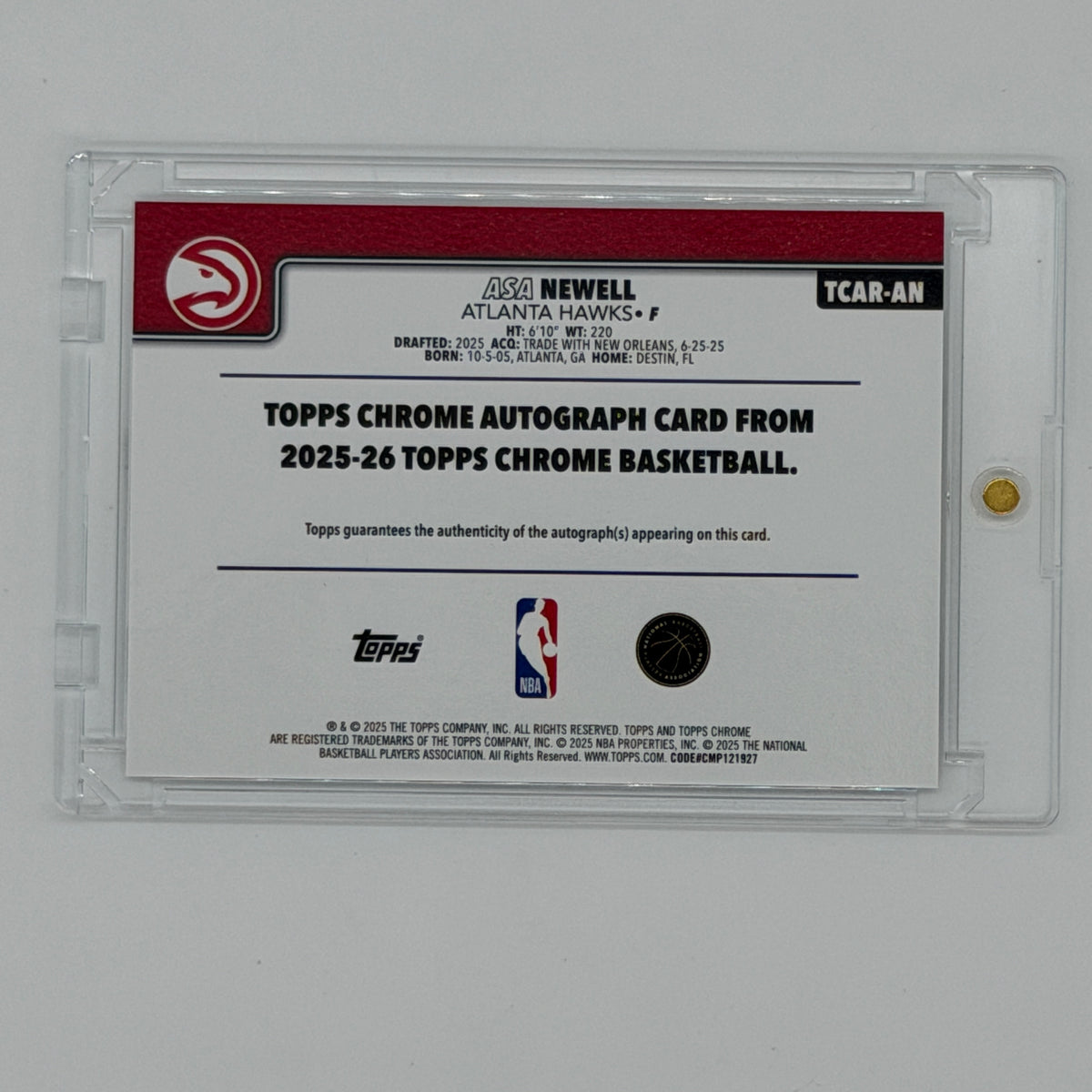 Asa Newell Atlanta Hawks NBA Basketball Topps 2025 Chrome Auto