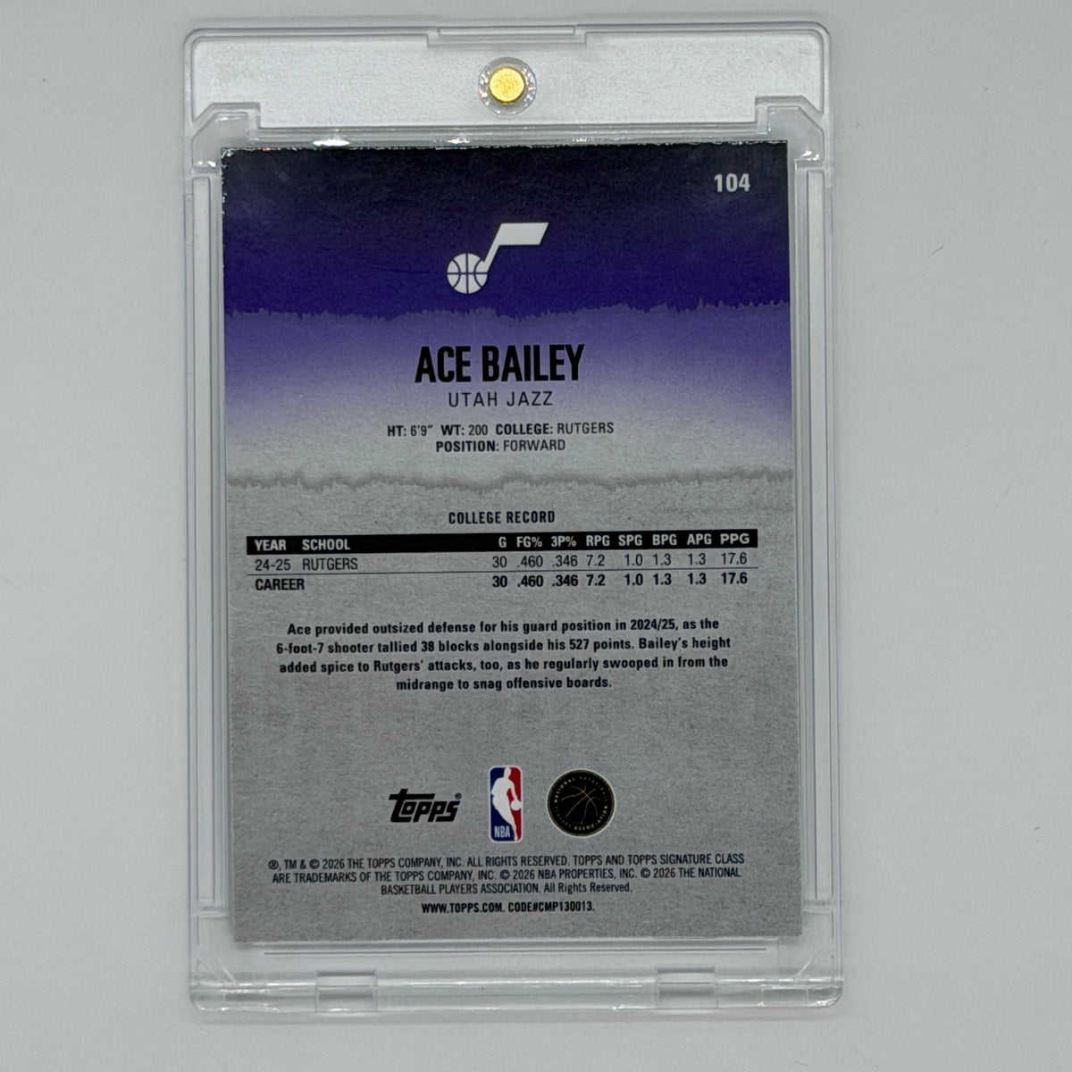 Ace Bailey Utah Jazz NBA Basketball Topps 2026 Ice