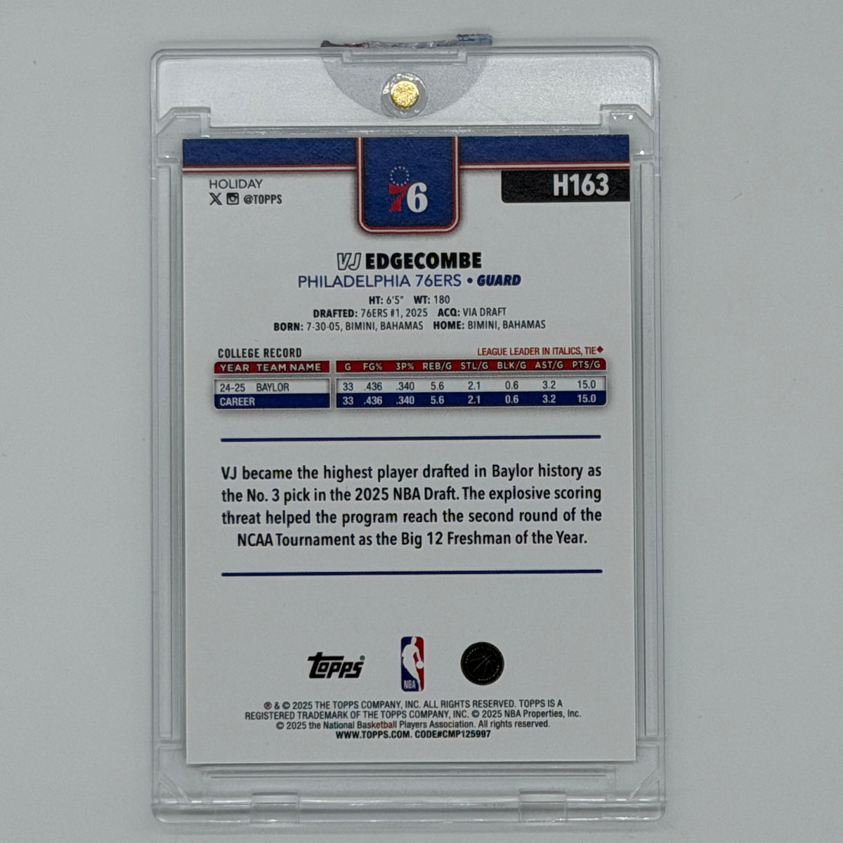 VJ Edgecombe Philadelphia 76ers NBA Basketball Topps 2025 Holiday