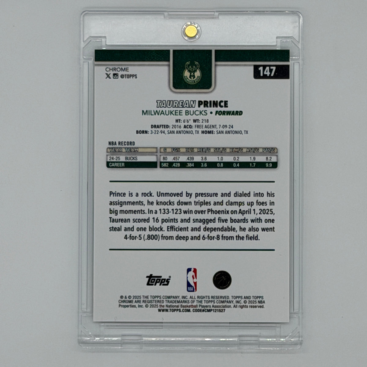 Taurean Prince Milwaukee Bucks NBA Basketball Topps 2025 Chrome Negative