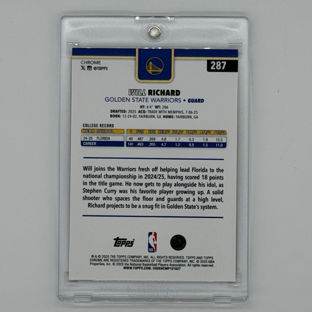Will Richard Golden State Warriors NBA Basketball Topps 2025 Chrome RC /50