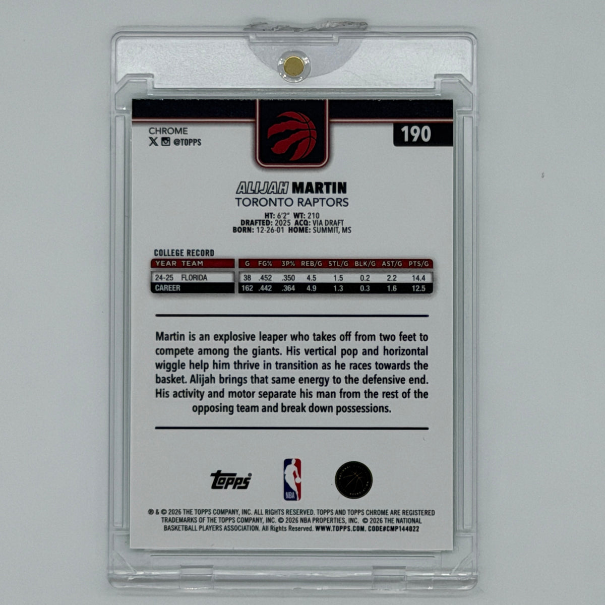 Alijah Martin Toronto Raptors NBA Basketball Topps 2025 Chrome RC /99
