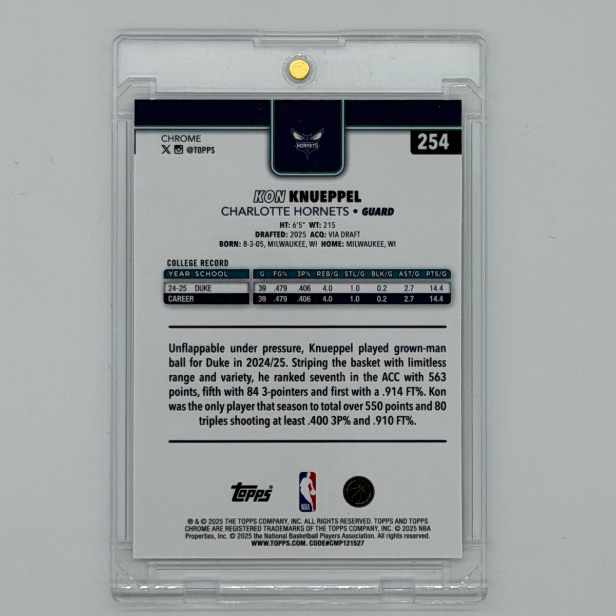 Kon Knueppel Charlotte Hornets NBA Basketball Topps 2025 Chrome Refractor