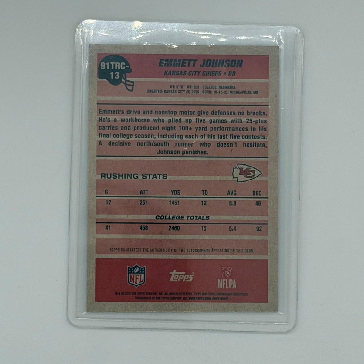 Emmett Johnson Kansas City Chiefs NFL Football Topps 2026 Mojo Chrome Auto