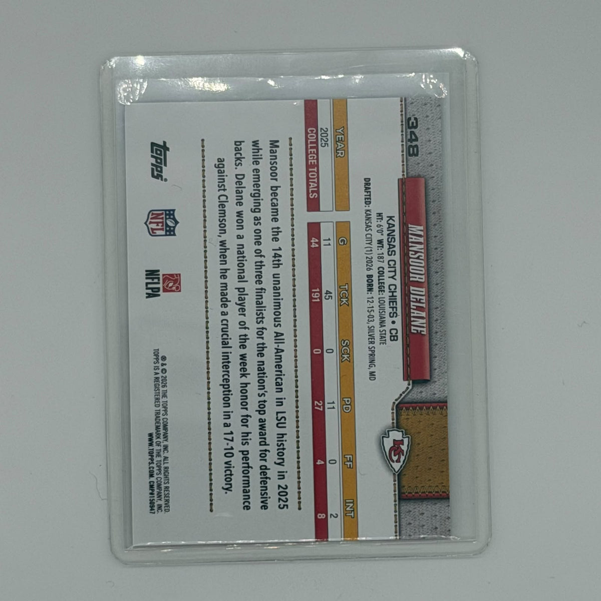 Mansoor Delane Kansas City Chiefs NFL Team Logo Football Topps 2025