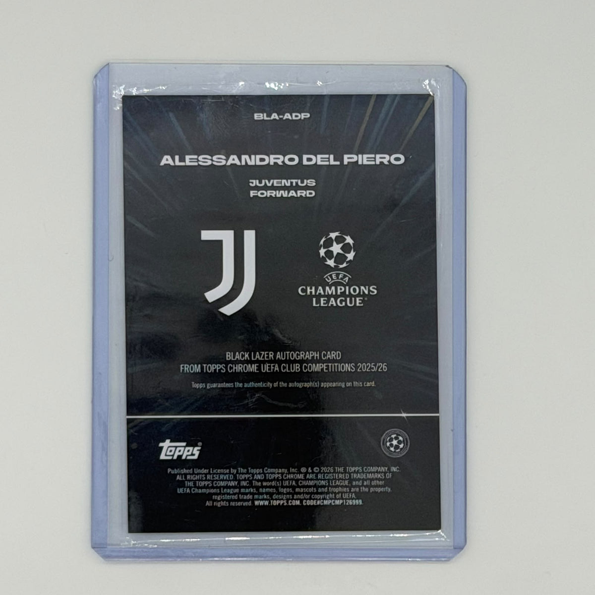 Alessandro Del Piero Juventus UCL Soccer Topps 2025 Chrome Black Lazer Auto